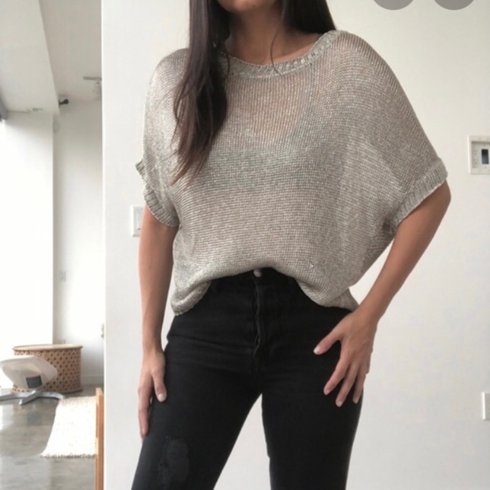 Vince Metallic Knit Dolman Tunic in Silver Mesh